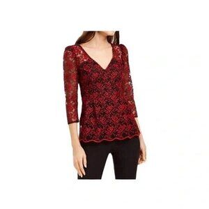 Women's 10 Nanette Lepore Peplum Red Black Lace 3/4-Sleeve Blouse Top NWOT